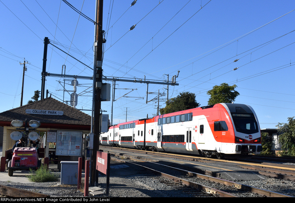 Caltrain heading away from College Park Station, ultimately ending up at San Francisco Terminal